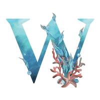 Capital letter W, part of the Latin alphabet decorated in a wet theme with corals, shells, algae, bubbles, blue and coral colors. Hand drawn watercolor illustration. Element isolated from background vector