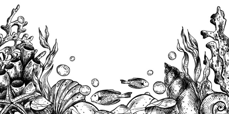 Underwater world clipart with sea animals whale, turtle, octopus, seahorse, starfish, shells, coral and algae. Graphic illustration hand drawn in black ink. Border, template, frame EPS .