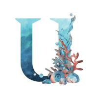 Capital letter U, part of the Latin alphabet decorated in a wet theme with corals, shells, algae, bubbles, blue and coral colors. Hand drawn watercolor illustration. Element isolated from background. vector