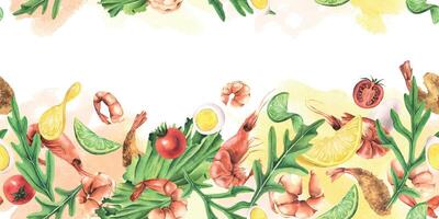 Shrimp with vegetables, eggs and herbs. Watercolor illustration. Seamless border pattern from the SHRIMP collection. For the design and design of menus, recipes, banners, templates, cafes vector