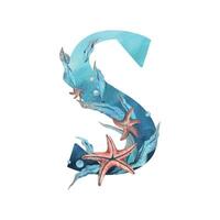 Capital letter S, part of the Latin alphabet decorated in a wet theme with corals, shells, algae, bubbles, blue and coral colors. Hand drawn watercolor illustration. Element isolated from background. vector