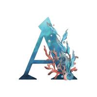 Capital letter A, part of the Latin alphabet decorated in a wet theme with corals, shells, algae, bubbles, blue and coral colors. Hand drawn watercolor illustration. Element isolated from background. vector