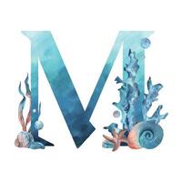 Capital letter M, part of the Latin alphabet decorated in a wet theme with corals, shells, algae, bubbles, blue and coral colors. Hand drawn watercolor illustration. Element isolated from background vector