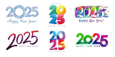 Happy New Year logo collection. Set of 2025 graphic greetings. 3D and colorful design vector