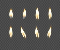 3d realistic white and paraffin or wax burning party candle and different flame of a candle icon set closeup isolated. vector