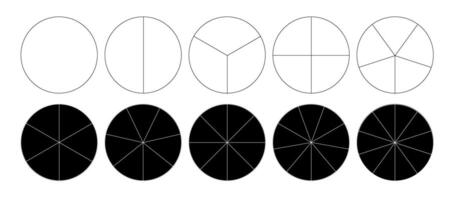 Segmented circles isolated on a white background. A different number of sectors divides the circle into equal parts. vector