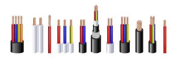 Various types power, acoustic cables with electrical wire conductors held together with overall sheath realistic set illustration. Shielded and with additional insulation vector