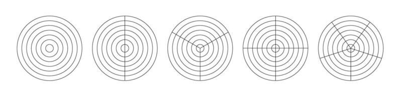 Polar grid concentric circles and steps. Blank polar graph paper. Radar circular graph screen. Grid with concentric circles diagram. vector