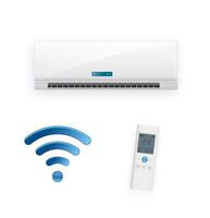 Air Conditioner System With Remote Control . Cooling And Heating Block Of Conditioner. Climate Electronic Technology Equipment Template. vector