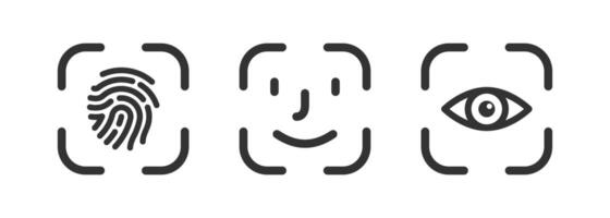 Finger, face, eye scan icon set. Fingerprint id. Person identification. Biometric security. Recognition technology. Human verification. vector