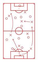 Sketch drawn football tactic scheme red marker plan of attack or build up. of game plan for player, scheme sketch soccer, sport strategy and tactic, team training design, teamwork illustration vector