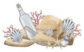 Watercolor illustration of bottle with message surrounded Seashells, corals and Rocks. Drawing of pebbles with sea shells and mail in glass jar on isolated background for nautical design vector