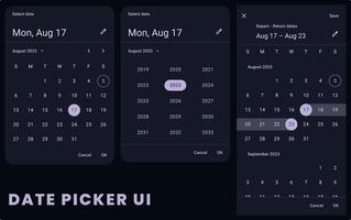 Modal Date Picker mobile component for dark UI. Calendar schedule planning elements with icons app. Smart Calendar App Concept Mockup template for Mobile Phone and Smartphone in Material design vector