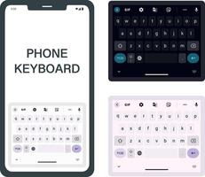 Smartphone keyboard in light and dark mode. Keypad alphabet buttons in modern flat style. Screen with dark and white UI mobile Messenger conversation mockup. sms chat, ui, ux design vector