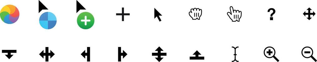 Mouse cursor pointer anchor click collection set symbol icon basic os icon. Clicking pointing hand clicks and waiting loading icons. Website arrows or hands cursors tools, computer ui text box zoom in vector