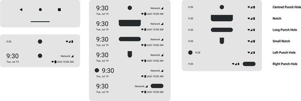 Status bar - Notch and punch hole display battery level time notification alerts and device interaction from anywhere. UI Components set template Bars, classes smartphone OS long notch and pill drop vector