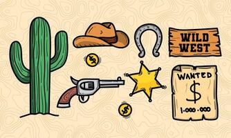 Set of colored wild west doodles. Very suitable for completing designs in the desert, printing needs, and so on. vector
