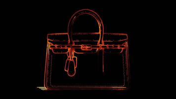 Neon frame effect stylish handbag, glow, black background. video
