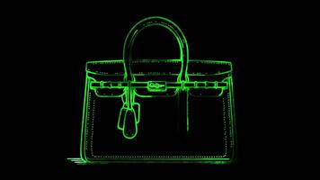 Neon frame effect stylish handbag, glow, black background. video