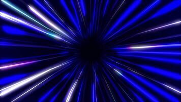 Looped tech blue tunnel on a black background. Futuristic laser space. Blazing neon rays, flying through the corridor of the universe. Internet speed in hyperspace. A galactic leap into the future. 4k video