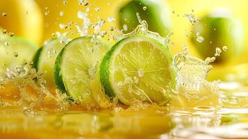 Lime juice splashing on a yellow background photo