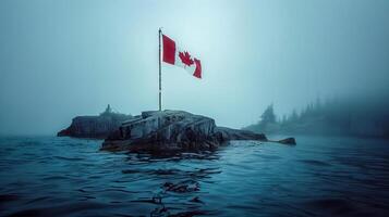 Canadian flag flutters in the middle of a rocky lake photo