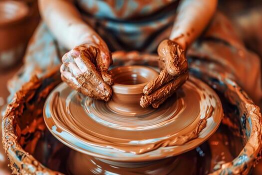 Person shaping clay on pottery wheel photo