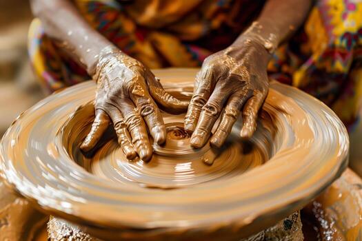 Person shaping clay pot by hand photo