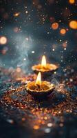 Diwali candle light with particles and bokeh background photo