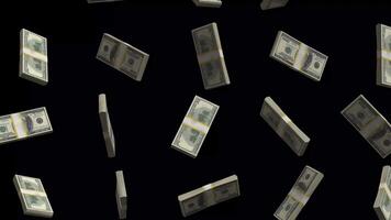 3D animation of a bundle of hundred-dollar stack falling in a loop on black background 3d render 4k footage video