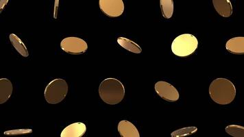 3d gold coin falling and rotating loop animation on black background, golden coin falling in slow motion 3d animation, Gambling, jackpot, wealth concept 4k footage video