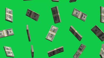 3D animation of a bundle of hundred-dollar stack falling in a loop, isolated on a green screen chroma key background video