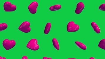 3d pink color glossy heart shape falling loop animation green screen chroma key background for valentine day, romantic event, wedding, anniversary, decorative element concept 3d render motion graphic video