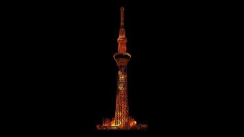 Neon frame effect Tokyo Skytree, one of the tallest structures in the world, glow, black background. video