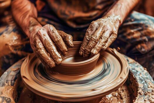 Person creating clay pot on potter's wheel photo