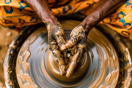 Person forming bowl from clay with wooden handle photo