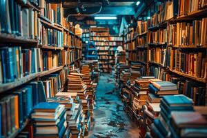 The library is in poor condition with puddles of water on the floor, dampness and flooding photo