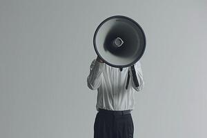 Person holding a megaphone against a plain grey background for a neutral web banner concept photo