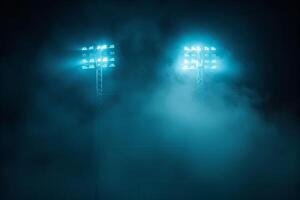 Cinematic-style low angle shot of stadium lights in foggy sky. Atmospheric scenery concept. photo