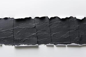 Black Paper Tear Flat Lay on White Background Illustrating Ripped Banner Concept photo