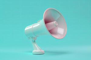 White Megaphone Floating on Blue Background with Light Aquamarine and Pink Accents in Plastic Style photo