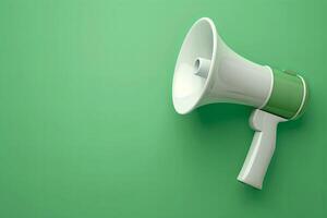 White 3D megaphone positioned on the right with green background photo