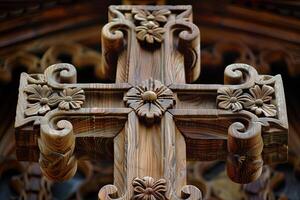 Realistic wooden cross on platform. Symbol of devotion and craftsmanship photo