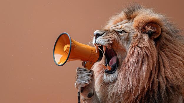 Lion with yellow megaphone on light brown background. Web banner design concept photo