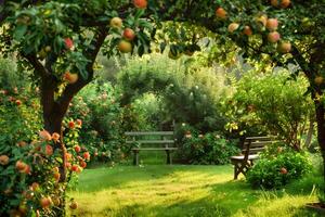 Apple orchard, benches in the background photo