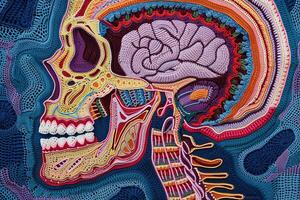 Handmade crocheted cranium illustration. Artistic interpretation. photo
