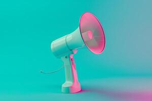 Floating White Megaphone on Blue Background with Light Aquamarine and Pink Accents in Plastic Style photo