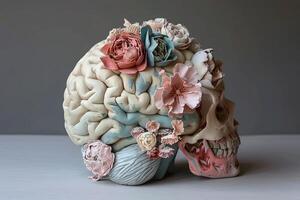 Anatomical brain adorned with pastel flowers. Artistic and scientific beauty concept. photo