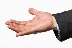 del hombre de negocios abierto palma en blanco antecedentes. simbolizando transparencia. foto
