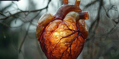 Art concept Lifelike heart sculpture in translucent chamber. photo